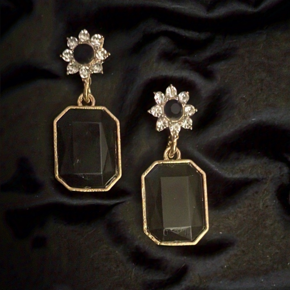 Black and Gold Geometric Drop Earrings with Crystal Accents